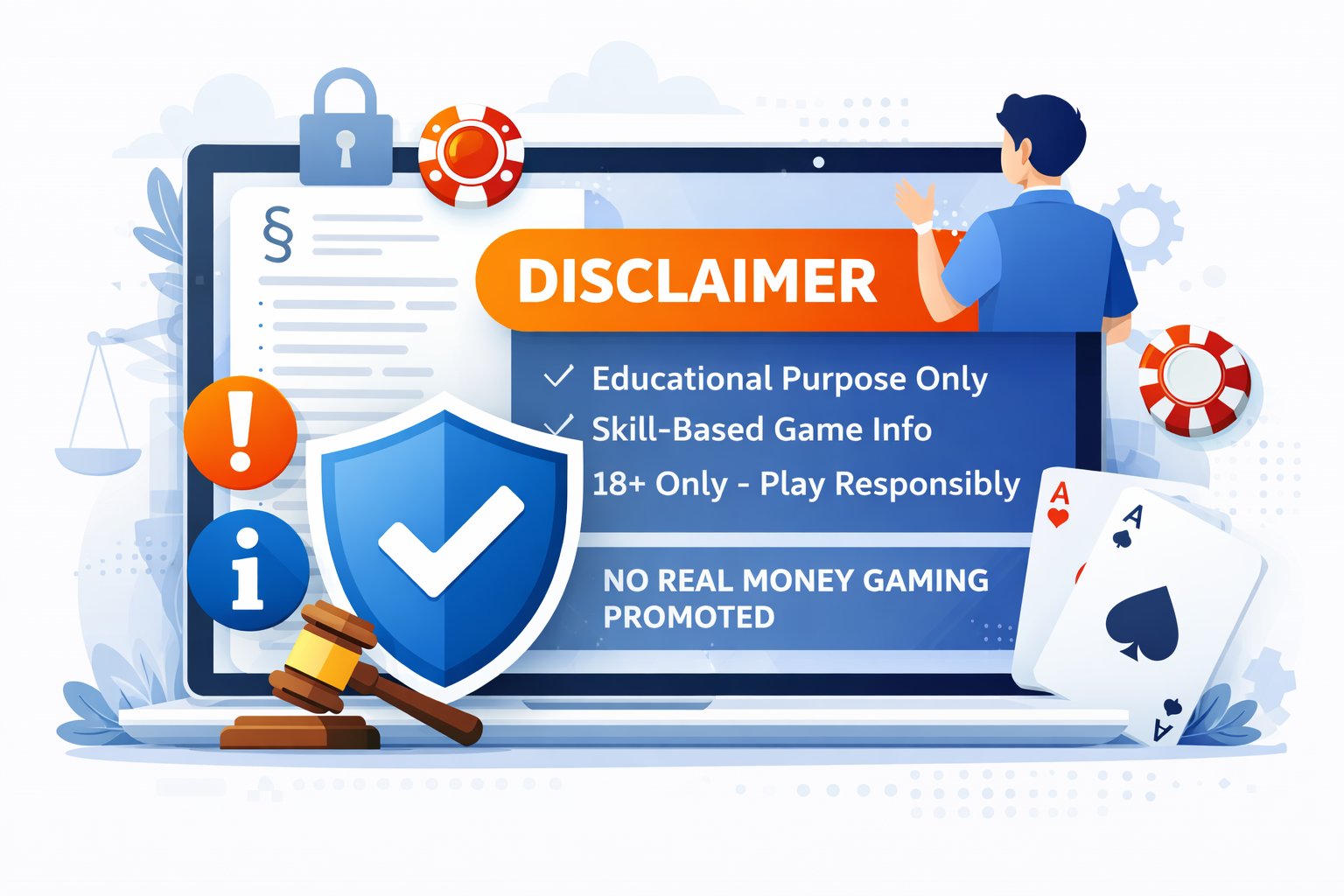 Disclaimer image for Pokarbazi.com showing educational purpose, skill-based poker information and 18+ responsible gaming notice