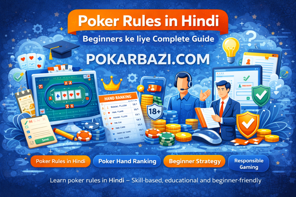 Poker rules in Hindi image showing beginner-friendly skill-based poker guide on Pokarbazi.com