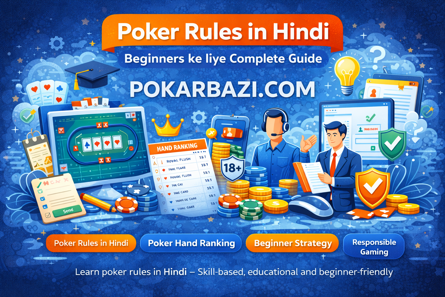 Poker rules in Hindi image showing beginner-friendly skill-based poker guide on Pokarbazi.com