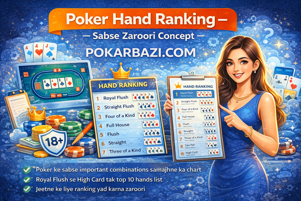 Poker hand ranking in Hindi image showing a guide to strongest to weakest poker hands for beginners