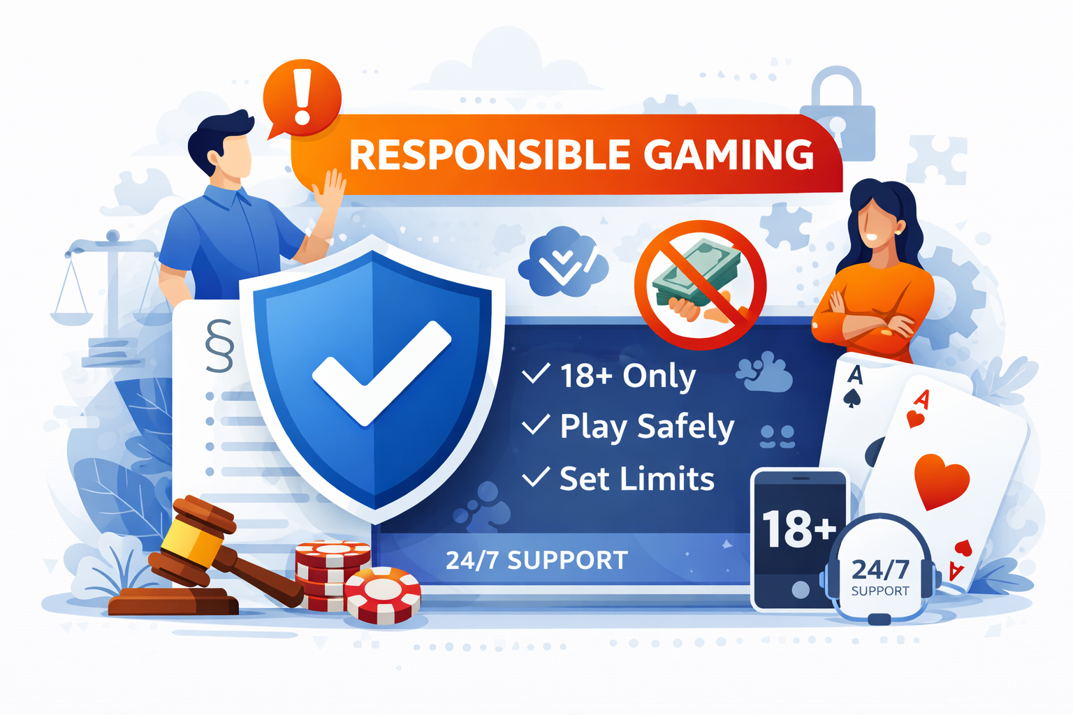 Responsible gaming image for Pokarbazi.com showing 18+ only, skill-based poker information, play safely and set limits