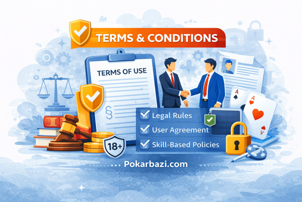 Terms and conditions image showing legal rules, user agreement, and skill-based poker website policies